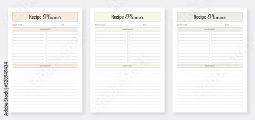 Recipe Book Template Design. Printable Recipe Card Template. Recipe Planner Set. Minimalist Planner Pages Template Set. Planner Bundle Design.