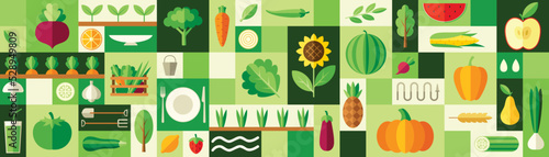 Set of vegetables illustrations. Abstract seamless pattern with icons of carrot, pumpkin, pineapple, corn and orange. Farming and healthy food. Design elements for site. Cartoon flat vector collection