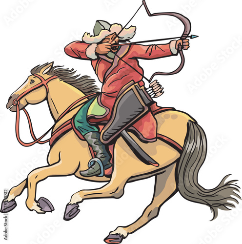mongol warrior on horseback takes aim with a bow and arrow