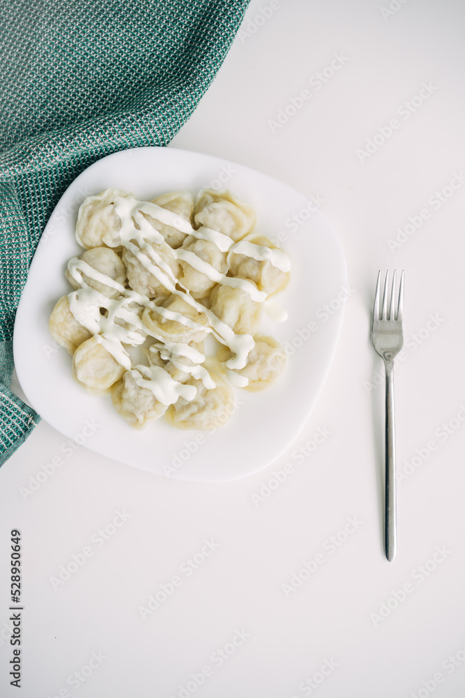 Russian pelmeni meat Dumplings with butter and yogurt. Russian pelmeni meat Dumplings with butter and yogurt.