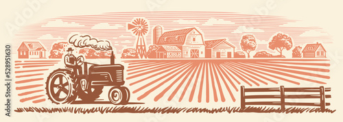 Rural landscape with tractor. Hand drawn
