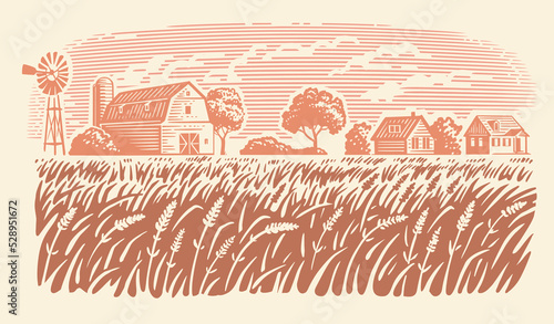 Rural landscape, farm barn and field sketch. Hand draw illustration
