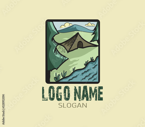 OUTDOOR CAMPING LOGO TEMPLATE WITH TENT, RIVER AND MOUNTAIN