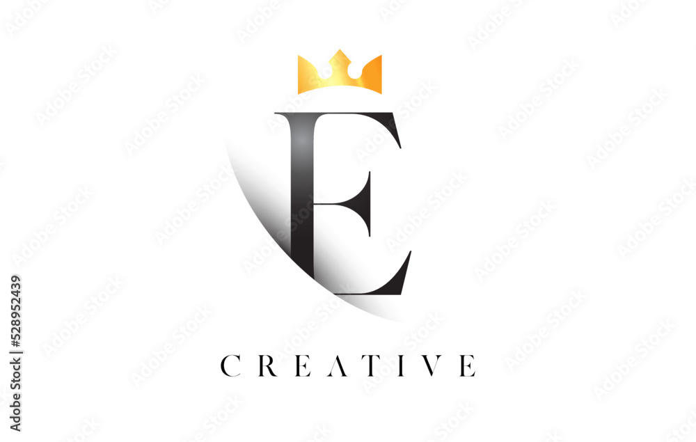 E Letter Logo Design with Golden Luxury Royal Crown Icon and Shadow Letter Vector