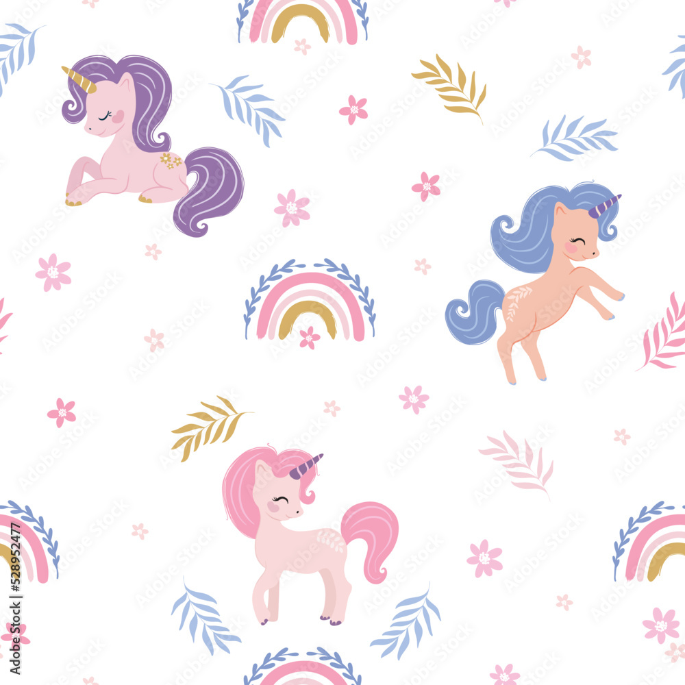 Seamless pattern design with cute unicorns, vector illustration for kids artworks, wallpaper, cards, prints.