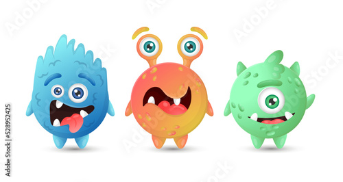 Collection of multicolored round funny monsters. Blue, orange, green aliens