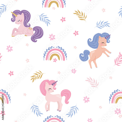 Seamless pattern design with cute unicorns  vector illustration for kids artworks  wallpaper  cards  prints.