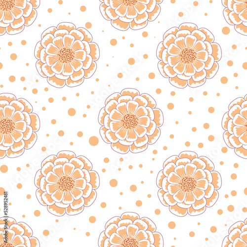 Seamless pattern with orange marigolds in flat style isolated on white background