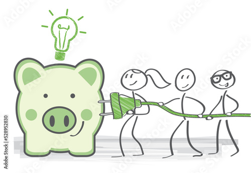 Jetzt zusammen Energie sparen - Team mit Stecker und Sparschwein