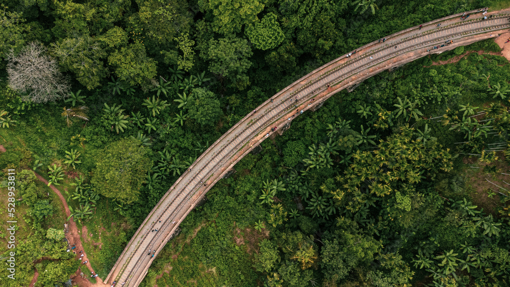 9 Arch Railway Bridge, Ella in Sri Lanka, a historic building set against a green tropical jungle background.