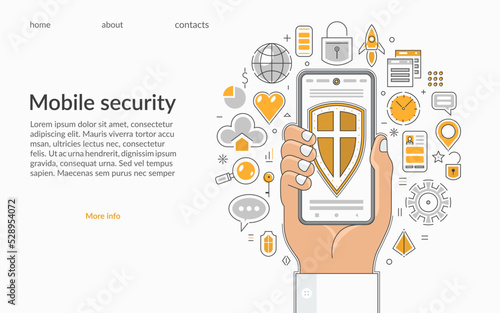 Mobile security web template. Landing page with hand holding smartphone with shield icon and set of user interface, information privacy, data protection icons. Flat design thin line vector background