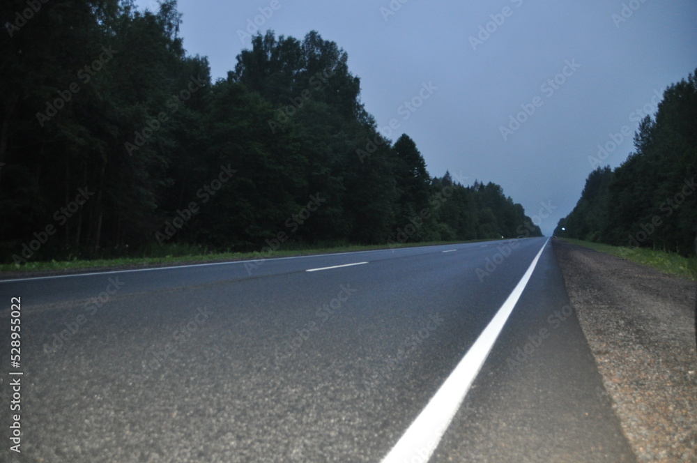 Fototapeta premium asphalt road, car trip view from the window around the field green grass beautiful sky