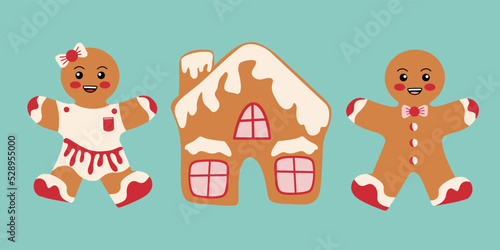 Festive cookies with gingerbread men. Gingerbread in the form of men with colored glaze. Merry Christmas decoration. Celebration of New Year and Christmas.