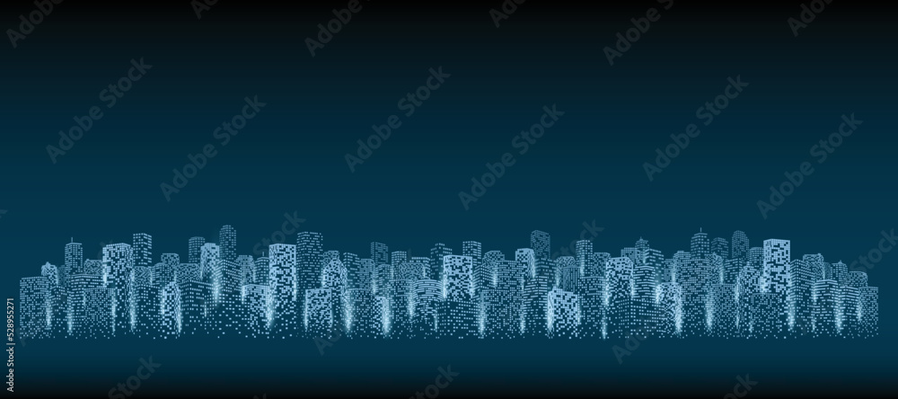 Panorama of the digital city. Futuristic digital urban landscape. Building skyline view, sci-fi, vector architecture on dark background. Panorama of the digital city. Futuristic digital urban landscape. Building skyline view, sci-fi, vector architecture on dark background.