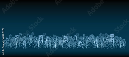 Panorama of the digital city. Futuristic digital urban landscape. Building skyline view, sci-fi, vector architecture on dark background.