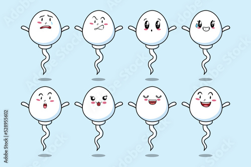 Set kawaii sperm cartoon character with different expressions of cartoon face vector illustrations