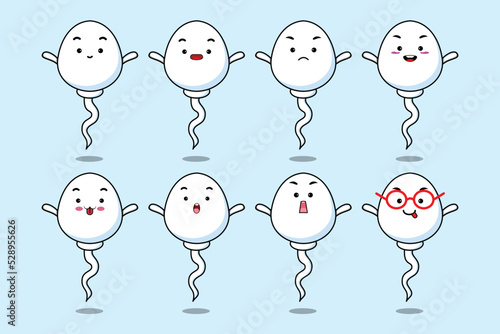 Set kawaii sperm cartoon character with different expressions of cartoon face vector illustrations