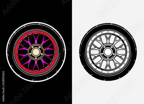 Different color set of car wheels, rubber tyre, car tyre, truck wheel illustration in race style. Racing wheels vector. Black and white isolated background. Eps 10.