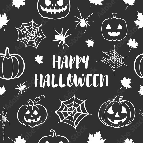 Gothic card or seamless pattern made up of many spiders, cobweb, maple leaves, pumpkins and text Happy Halloween. Endless repeating texture for printing on package, wrapper, envelope, card or cloth.