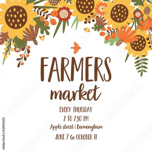 Harvest Festival poster. Autumn sunflower border, fall fest banner decorated pumpkin, sunflowers, fall leaves. Fall harvest border. Vector illustration. Fall farmers market design. Farm organic food