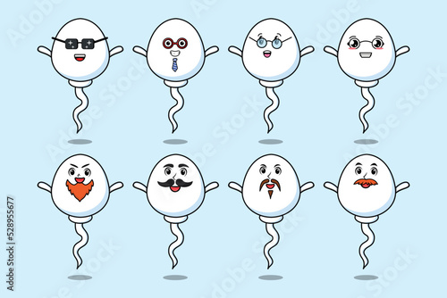 Set kawaii sperm cartoon character with different expressions of cartoon face vector illustrations