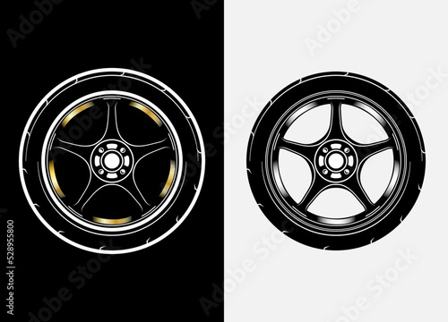 Different color set of car wheels, rubber tyre, car tyre, truck wheel illustration in race style. Racing wheels vector. Black and white isolated background. Eps 10.