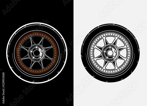 Different color set of car wheels, rubber tyre, car tyre, truck wheel illustration in race style. Racing wheels vector. Black and white isolated background. Eps 10.