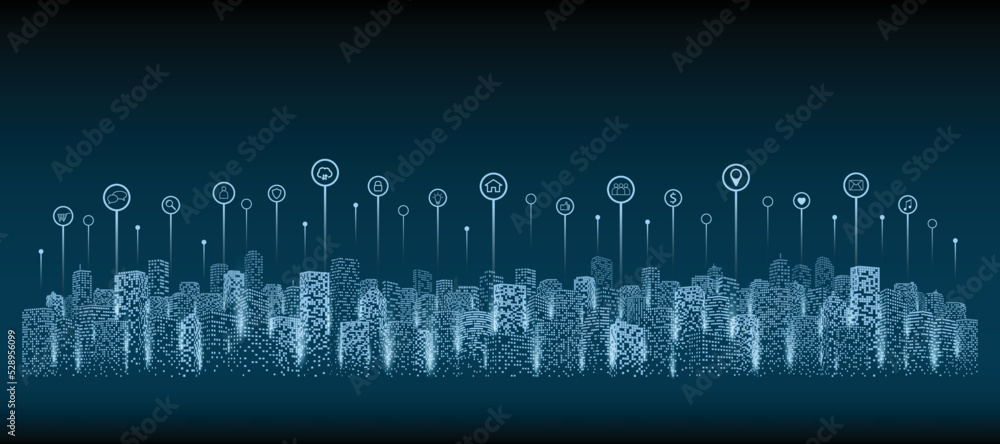 Panorama of the digital city with futuristic communication technology. Use of Information and Interconnection on dark background. Cloud computing concept.