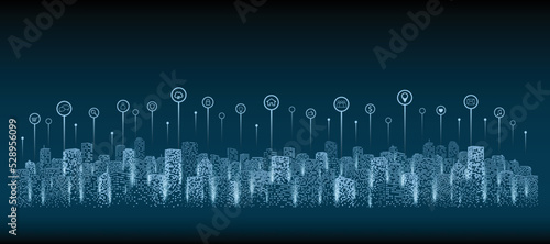 Panorama of the digital city with futuristic communication technology. Use of Information and Interconnection on dark background. Cloud computing concept.