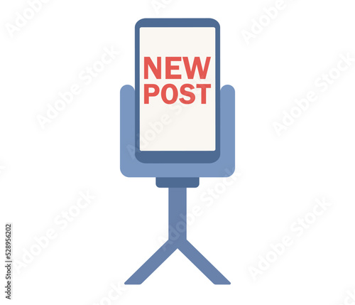 New post words on smartphone screen. Mobile phone on tripod. Social media. Blogger, influencer, Key Opinion Leader. KOL. SMM concept. Vector flat illustration