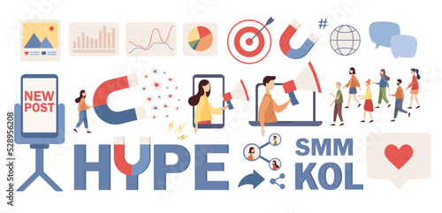 Social media influencer icon set. Blogger. Key Opinion Leader. KOL. Hype. Influencer marketing. SMM concept. Vector flat illustration 