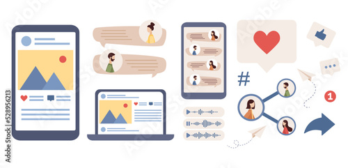Social media icon set. Post, chat, like, share, coment. Blogger. Key Opinion Leader. KOL. Influencer marketing. SMM concept. Vector flat illustration 