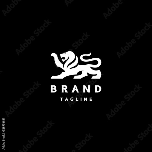 A bold and strong lion logo with a tail forming the letter S. Minimalist, bold and a strong lion logo design, signifying strength and wisdom.