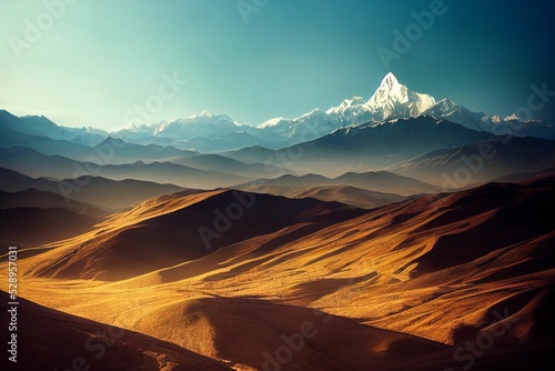 Foto Sand dunes before the snowy mountains under the blue sky in Tibet