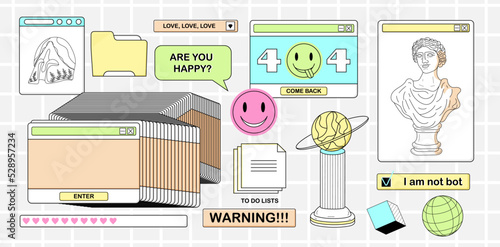 Retro browser computer window vector illustration of UI and UX. Funny smile face hipster stickers.