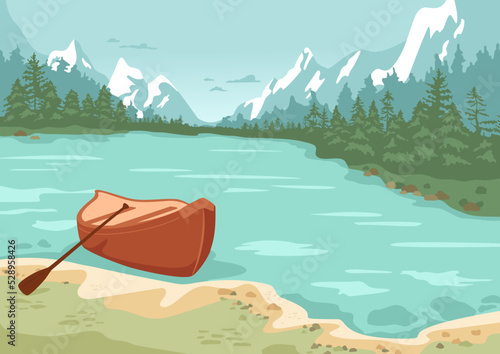 Canoe In lake near shore. Landscape with forest and snowy mountains on background. Beautiful scenery with boat, water, pine trees silhouette, blue hills, clouds in sky. Vector cartoon illustration. © Marina