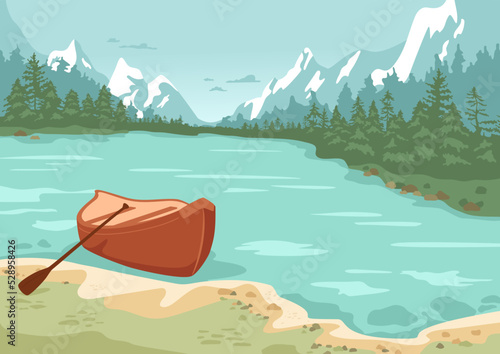 Canoe In lake near shore. Landscape with forest and snowy mountains on background. Beautiful scenery with boat, water, pine trees silhouette, blue hills, clouds in sky. Vector cartoon illustration.