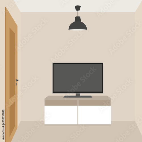 Turned off TV on stand in a room with a closed door
