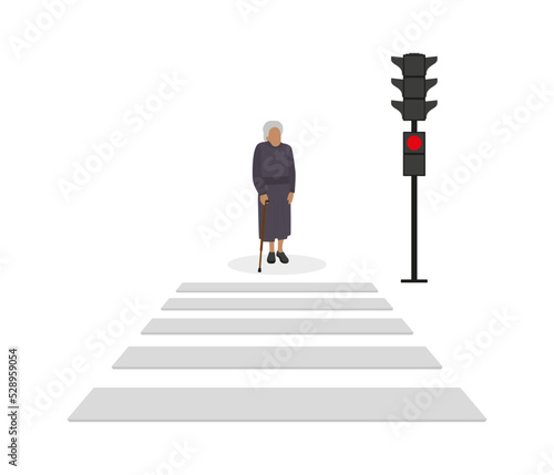 A gray-haired old woman with a cane stands in front of a pedestrian crossing at a red traffic light on a white background