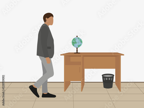 Male character in business clothes stands near a desk with a globe and waste paper basket indoors