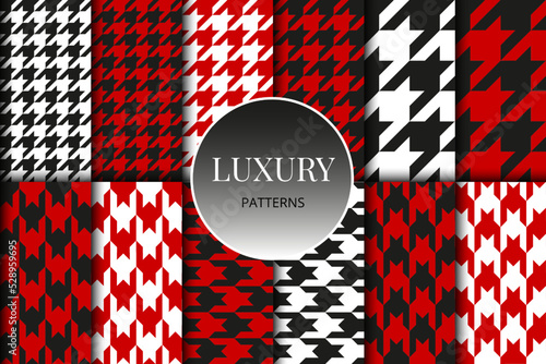 Houndstooth seamless patterns set. Fabric background. Classical red checkered textile collection