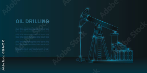 Oil drilling machine in low poly wireframe style. Petroleum fuel industry futuristic concept.