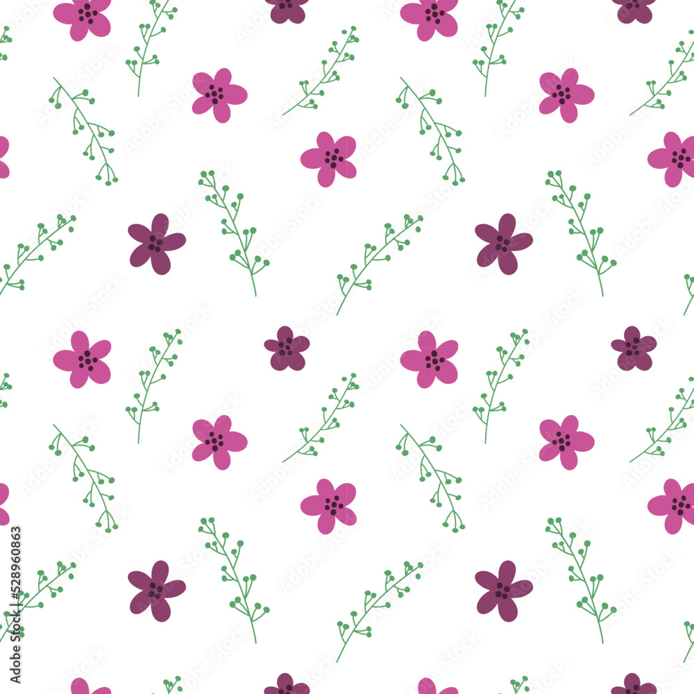 Seamless pattern with flowers and openwork branches, minimalism, vector pattern for wrapping paper, wallpaper, fabric.