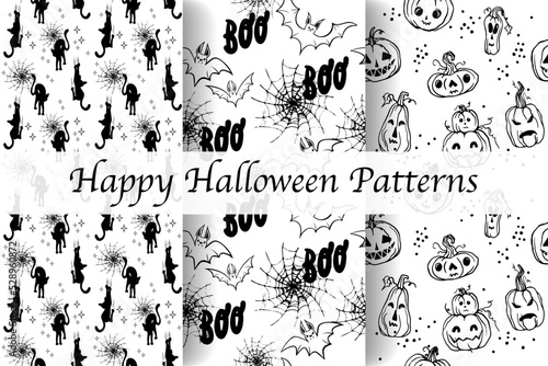 Trendy pattern. "Happy Halloween". Bats, cats, pumpkins with web. "Boo.." Freehand drawing. Modern continuous line vector illustrations. "Candies or life"