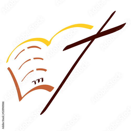 Фотография open bible and cross, abstract christian logo, colored lines on white background