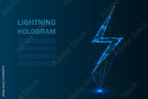 Lightning hologram in low poly wireframe style vector illustration with lines, dots and lights.