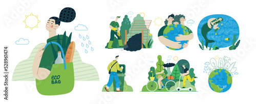 Ecology - Modern flat vector concept illustration on green positive thinking. Waste sorting, Recycling, Green energy, Save the planet, bio farming. Creative landing web page illustrations set