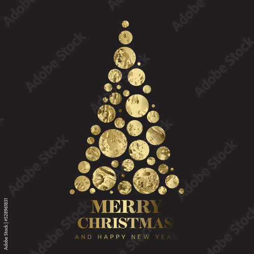 Modern dark trendy christmas card with christmas tree made from golden circles