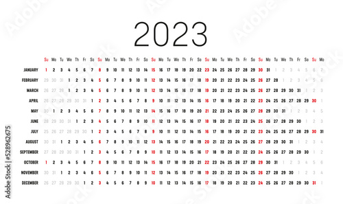Year 2023 wall calendar with aligned dates. One page vector template, linear and horizontal design.