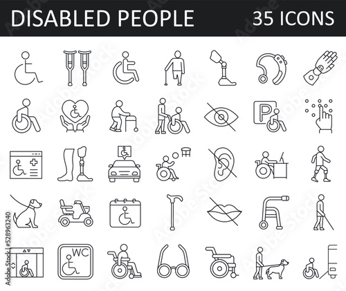 Set of 35 disability, disabled related vector line icons. 